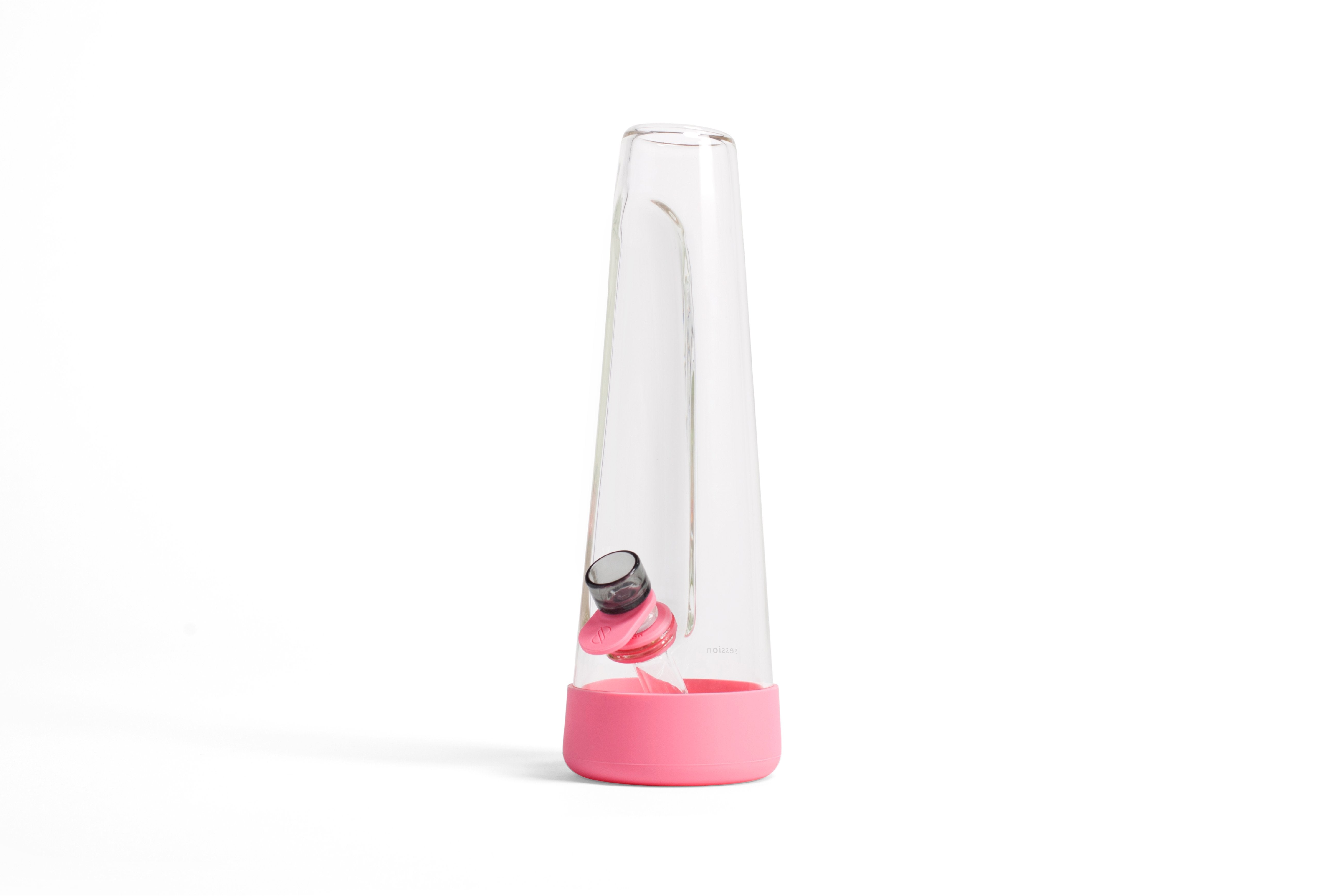 Angled front view of the clear Session Goods Modern Bong with a pink base and matching downstem against a white background