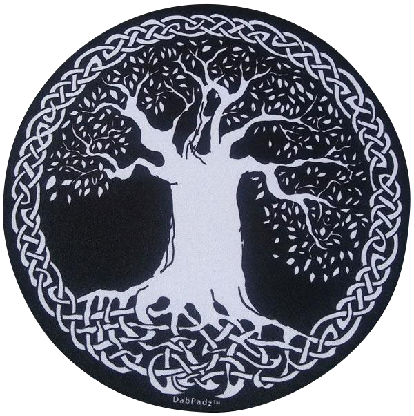 The DabPadz Tree of Life Round Fabric Top Dab Pad features a detailed, circular design with a tree motif against a dark background.