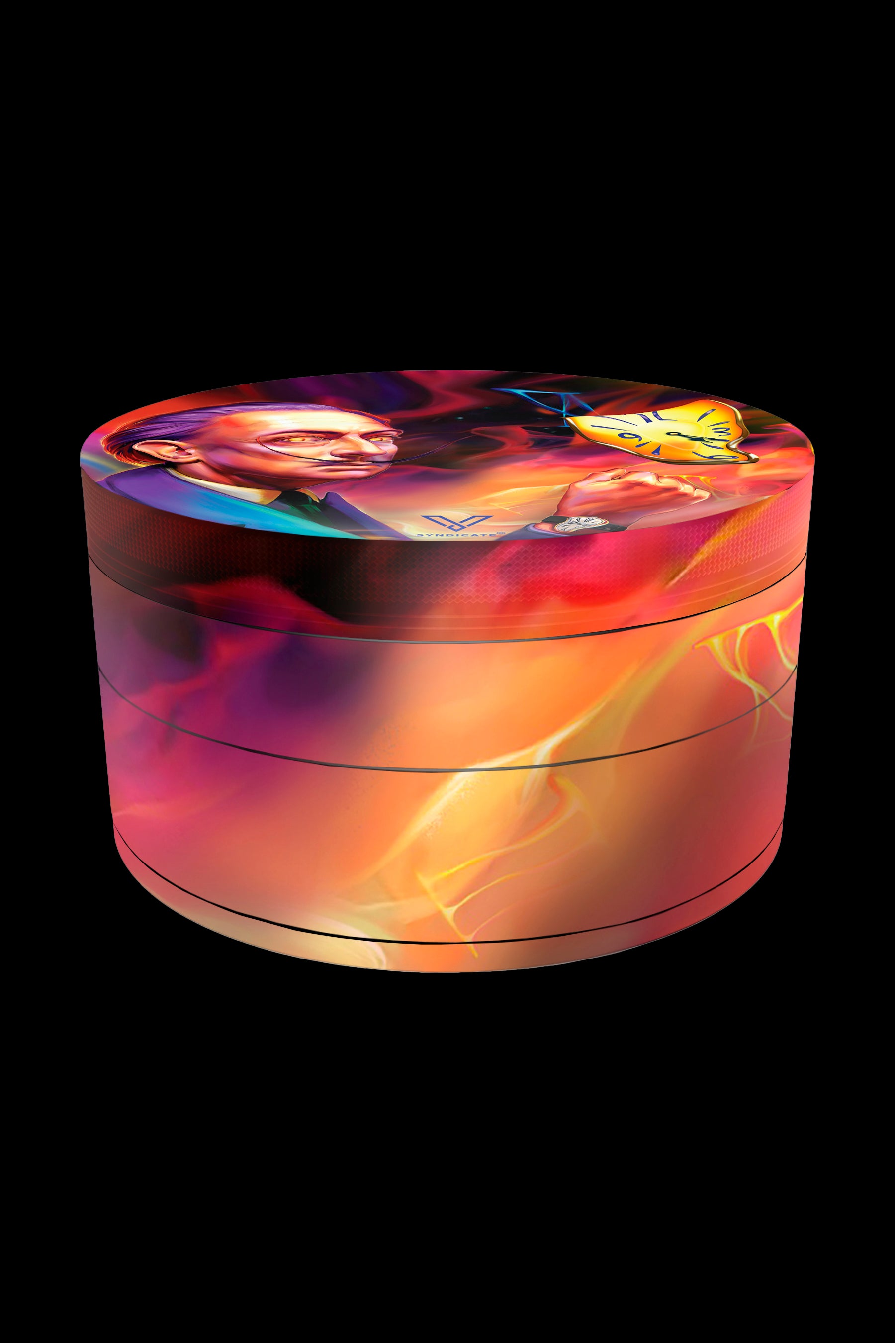 Four-piece metal grinder with a colorful, psychedelic design featuring a portrait and butterfly.