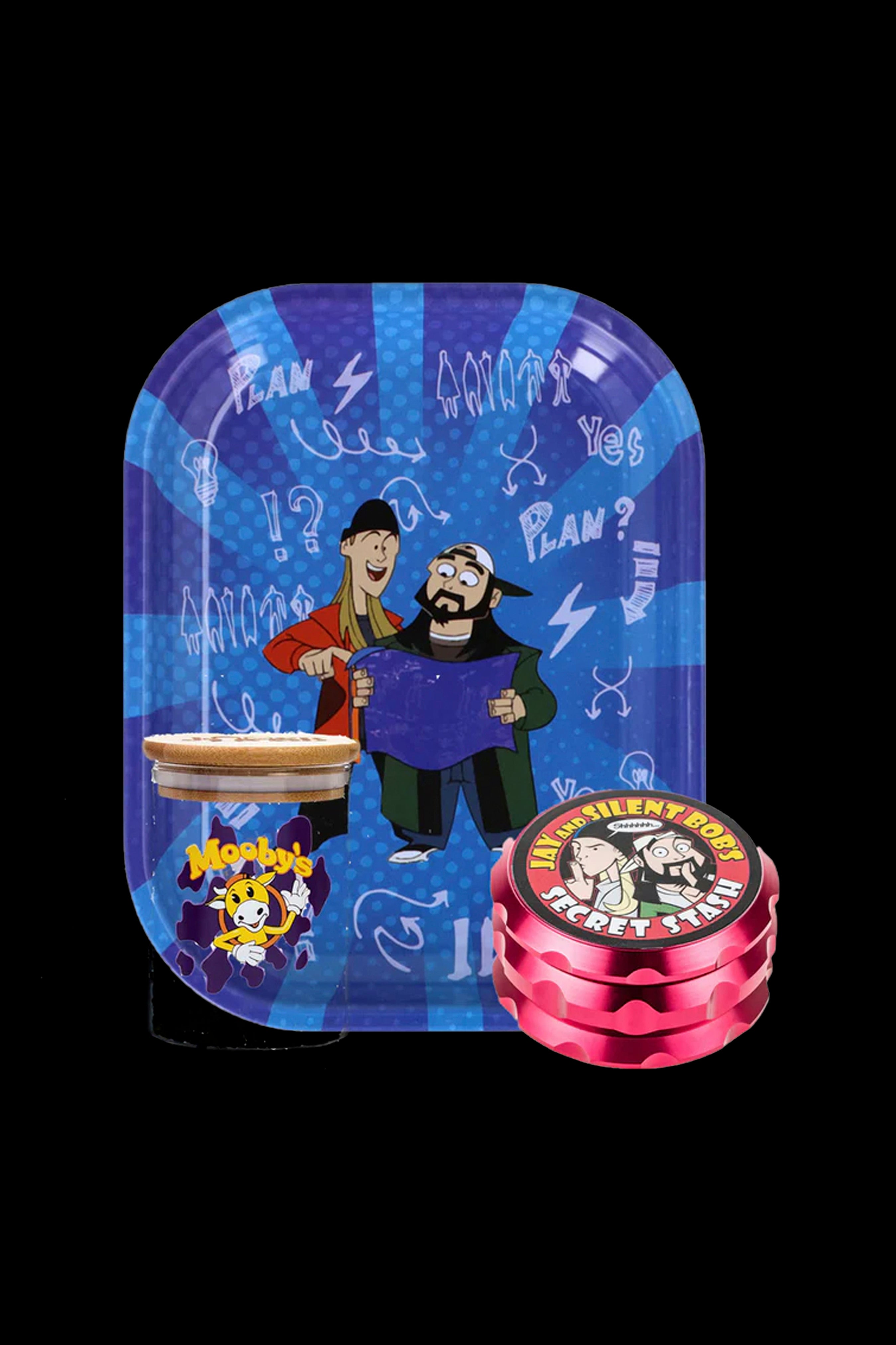 A colorful cannabis accessory set featuring Jay and Silent Bob from the View Askewniverse, including a rolling tray with cartoon illustrations and a grinder branded "Silent Bob's Secret Stash."