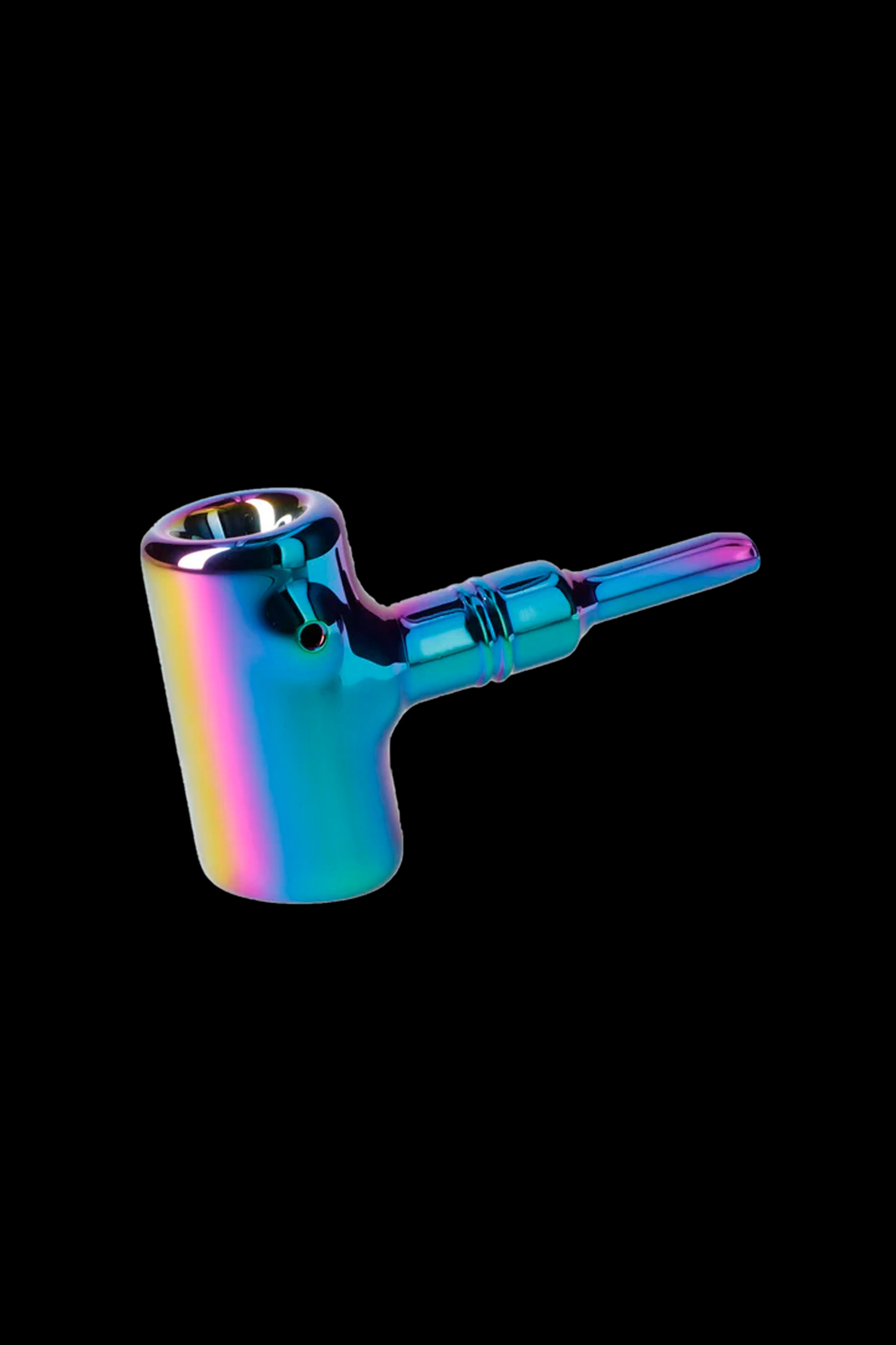 Iridescent glass oil rig with detachable downstem against a black background.