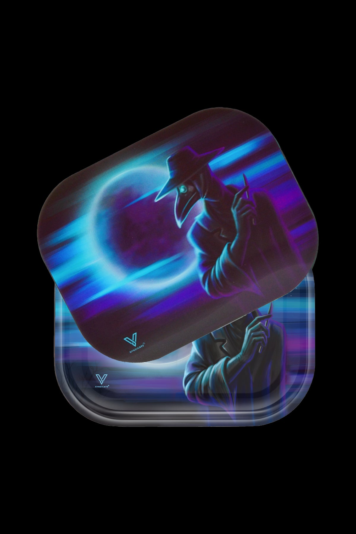 Two stacked rolling trays featuring a dark, stylized illustration of a figure in a plague doctor mask with vibrant blue and purple nebula-like swirls.