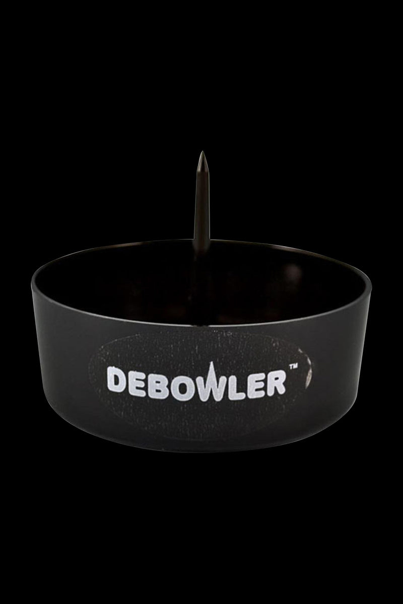 Front-facing view of a blue Debowler Ashtray showing its circular bowl, center spike, and white logo on a black background.