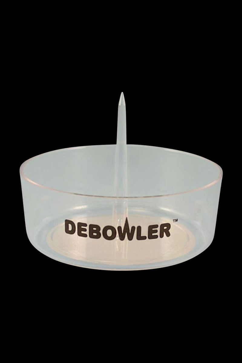 Front-facing view of the green Debowler Ashtray showing its translucent round bowl and central spike against a black background