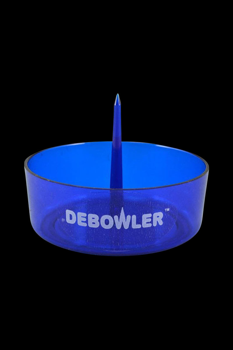 Front-facing view of a transparent red Debowler Ashtray with central spike and white logo against a black background