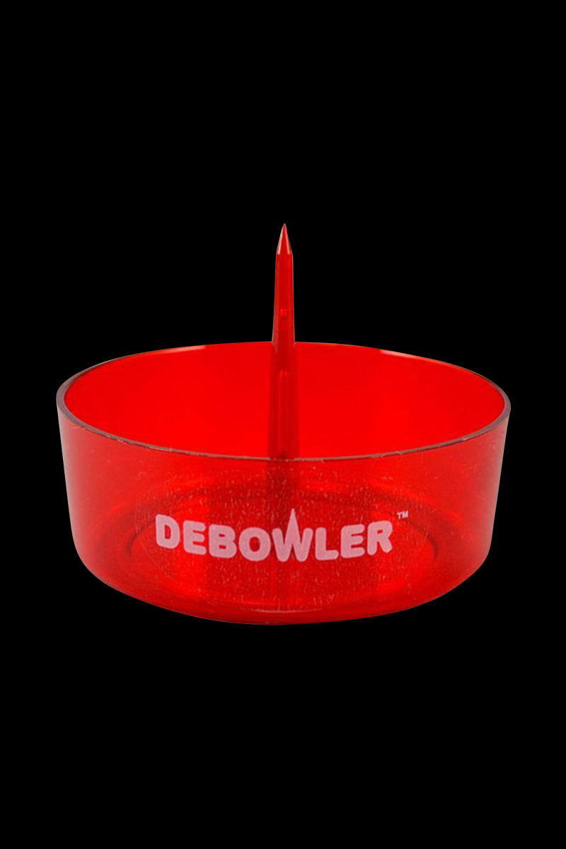 Front-facing close-up of a red Debowler Ashtray with its central spike and bold logo against a black background