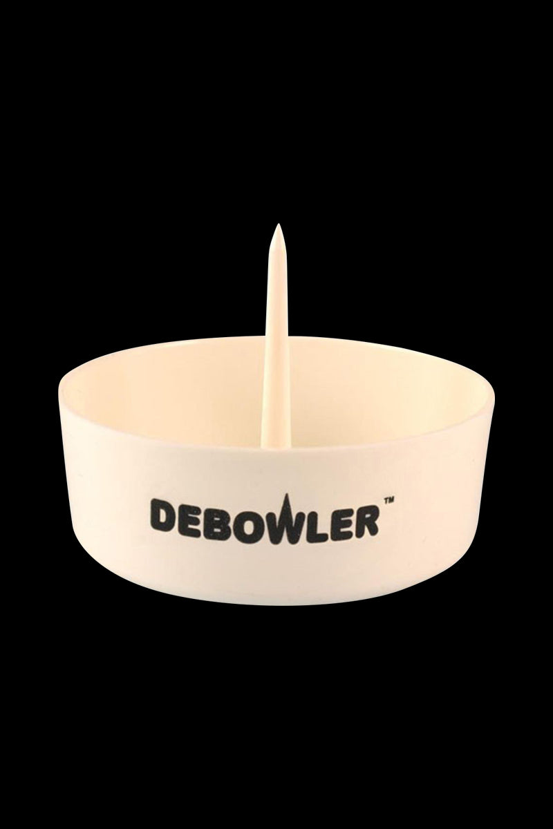 Front-facing shot of the Transparent Green Debowler Ashtray bowl with central spike and bold logo against a black background