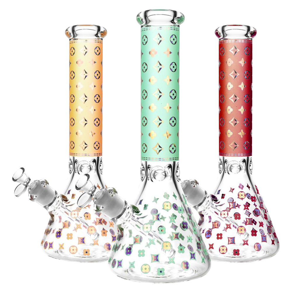 Front view of the Designer Floral Diamond Print Bong, a clear glass beaker with a colorful floral pattern and a wide base.
