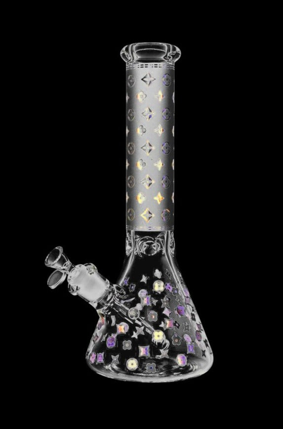 Front view of the Designer Floral Diamond Print Bong, a clear glass beaker with a floral diamond pattern.