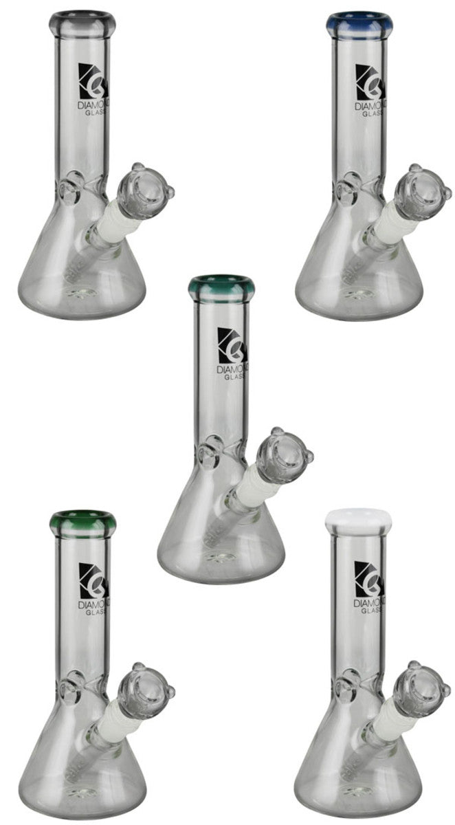 A front view of the Diamond Glass 8" Classic Beaker Bong, showing its clear glass construction and simple beaker shape.
