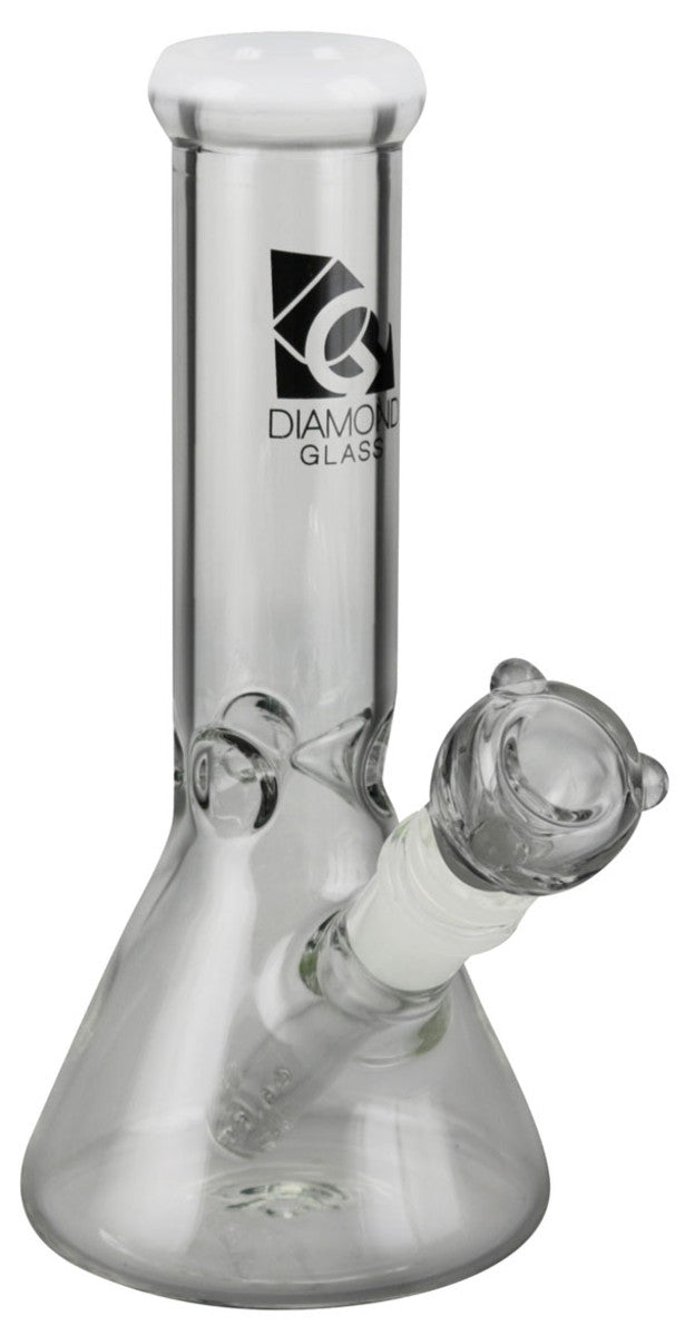 Front view of the Diamond Glass 8" Classic Beaker Bong, showing a clear glass construction with a simple, classic shape.