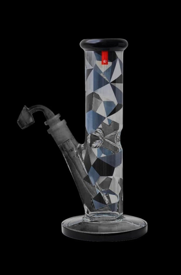 Front view of the Famous Brandz "Digital" Straight Tube Dab Rig, featuring a geometric pattern on clear glass.