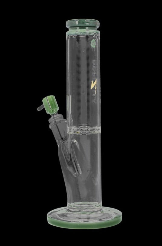 A straight-on view of the Dopezilla Cyclops Straight Tube Water Pipe, showcasing its clear glass construction and simple cylindrical form.