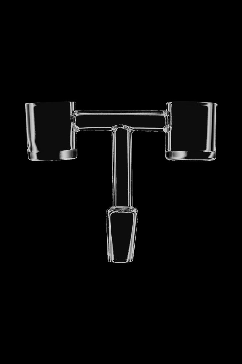 Front view of the Double Barrel Dual Quartz Banger, a 14.5mm male with two quartz inserts visible against a dark background.