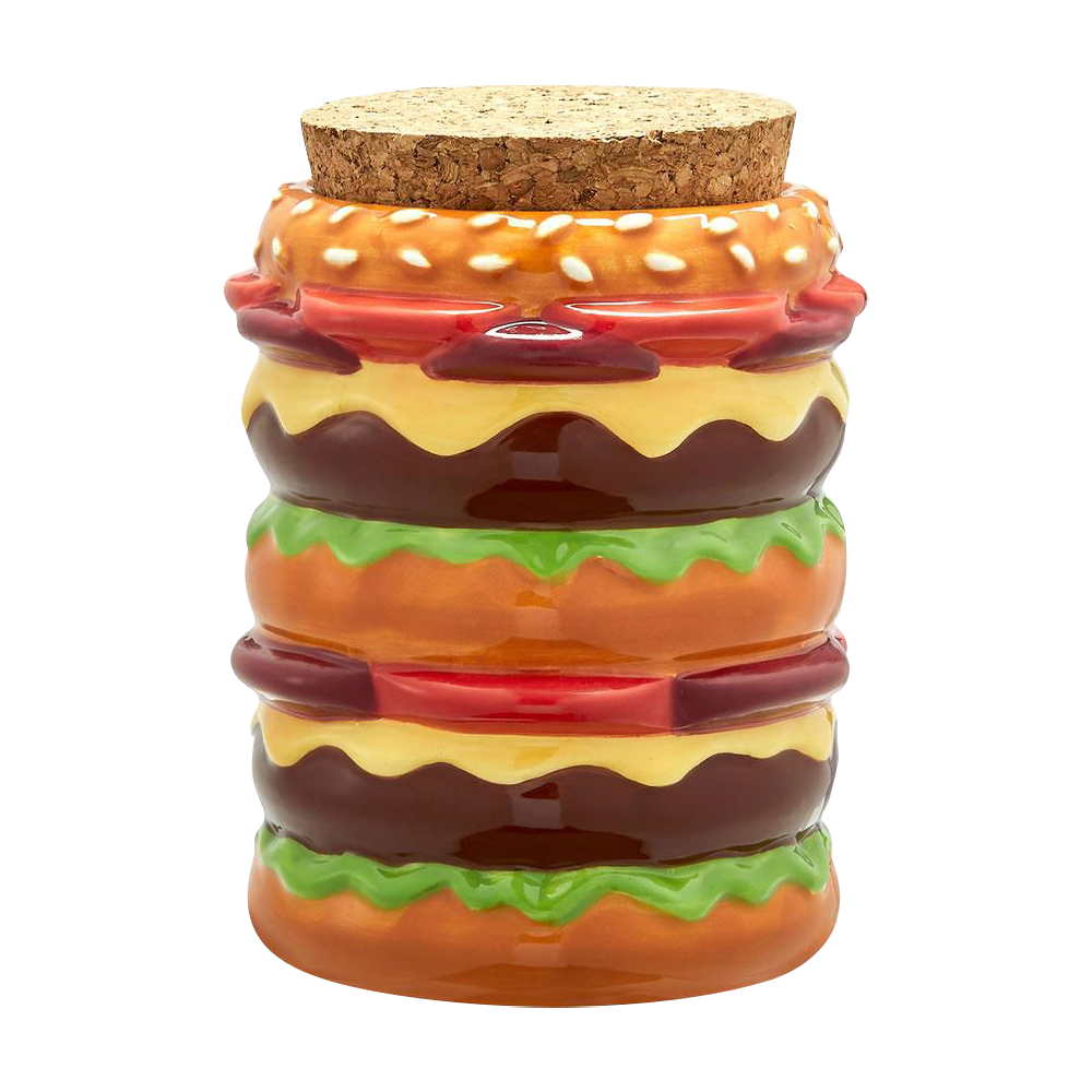 Front view of the Roast & Toast Double Cheeseburger Ceramic Stash Jar, resembling a stacked burger with a textured lid.