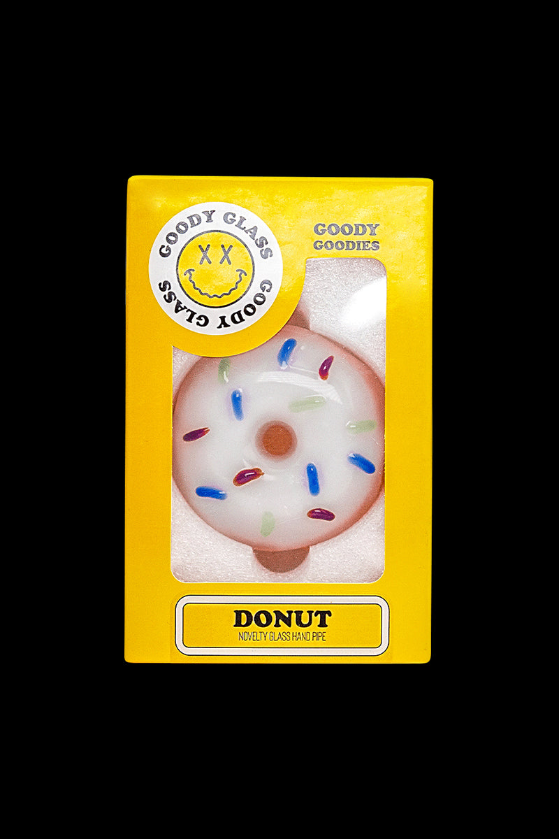 Front view of the Goody Donut Hand Pipe, a colorful glass pipe shaped like a frosted donut against a plain white background.