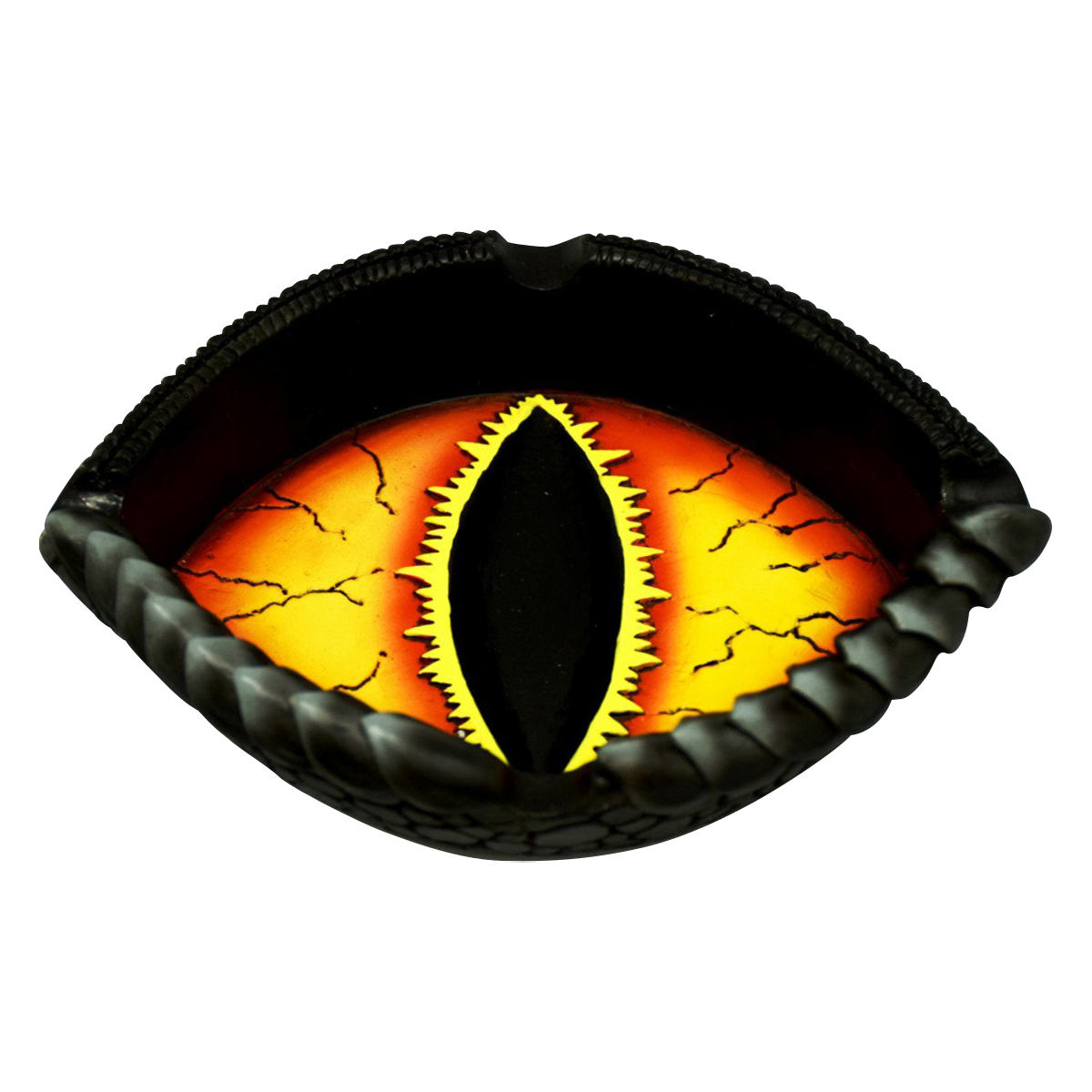 A top-down view of the Dragon Eye Polyresin Ashtray, showcasing its sculpted, eye-like design with a dark, textured finish.
