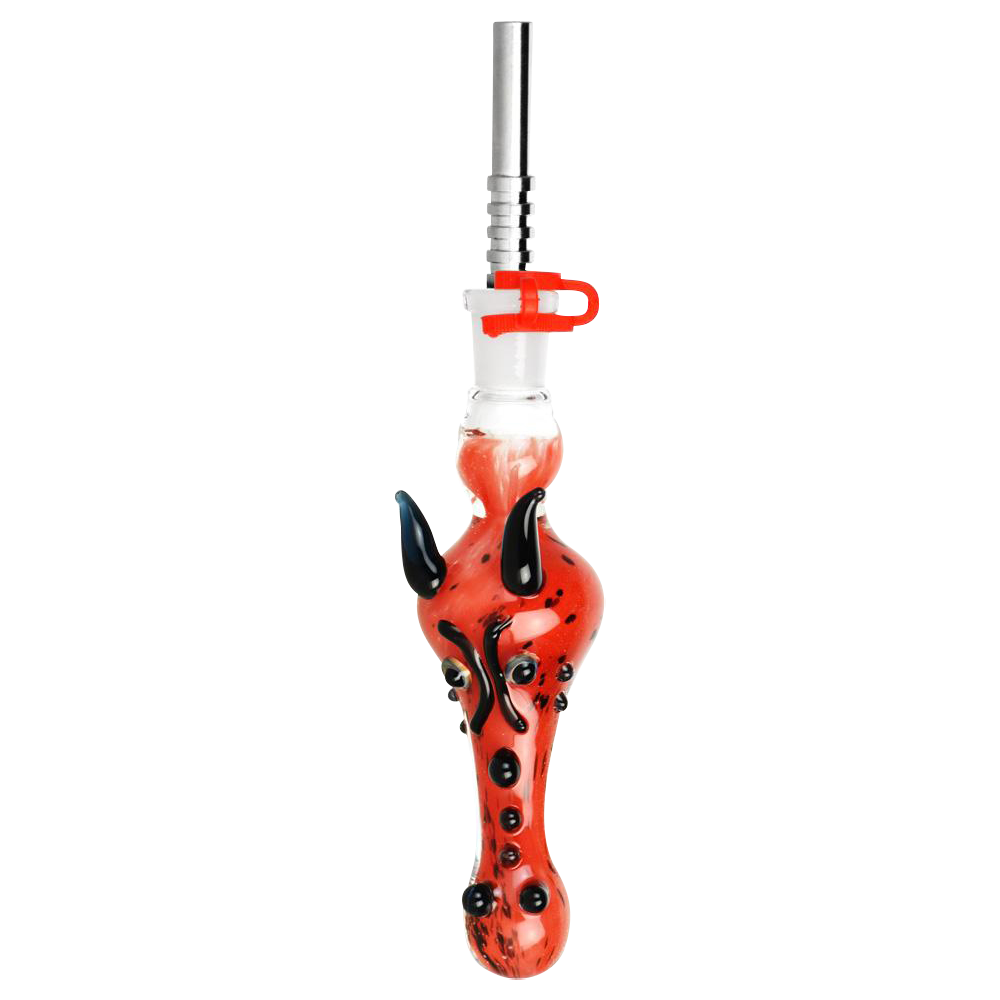 A detailed close-up of the Dragon Snout Glass Vapor Straw Collector, showcasing its sculpted glass design and sleek silver tip.