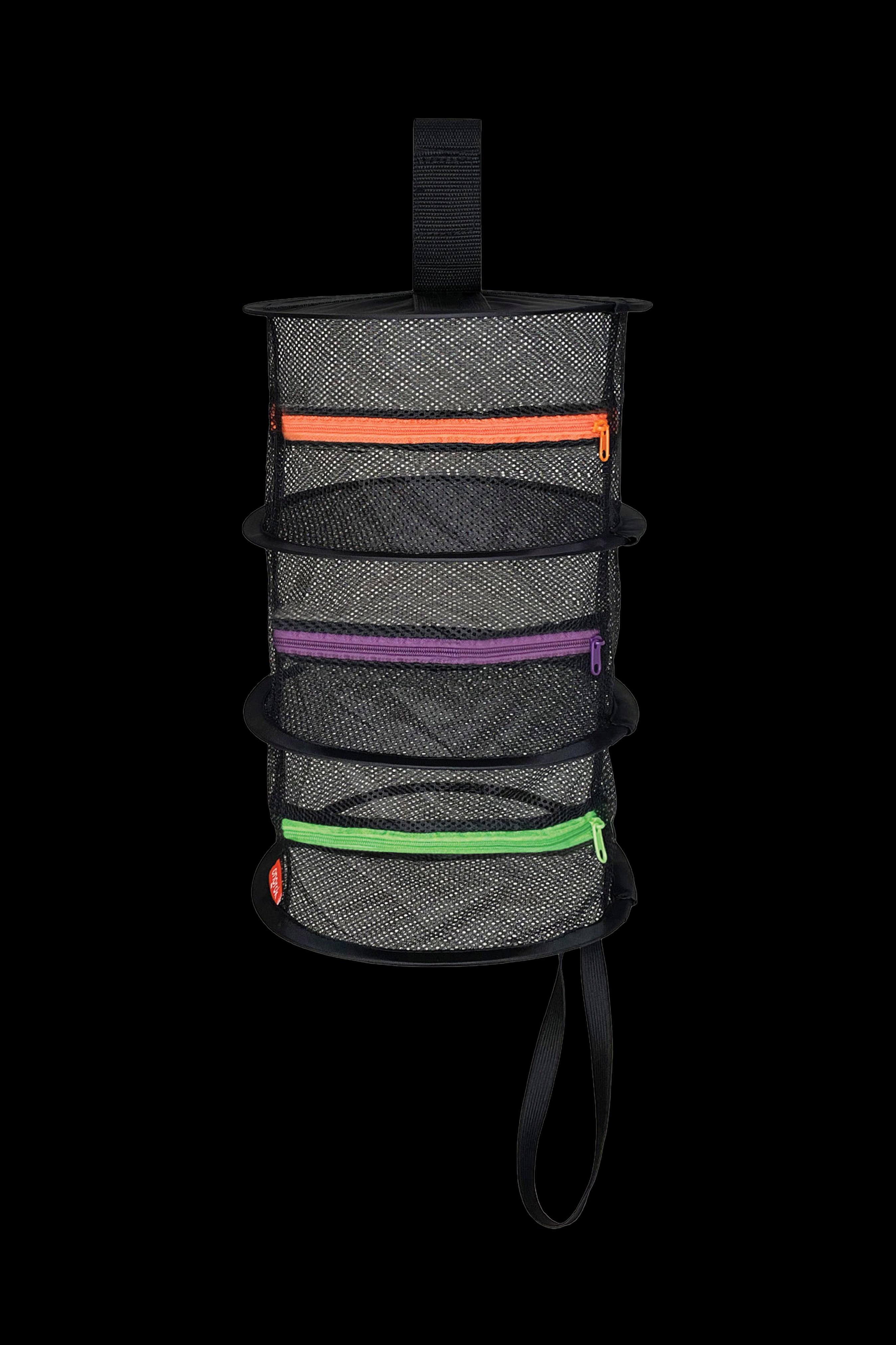 Black cannabis storage organizer with multiple zippered, colorful pouches.