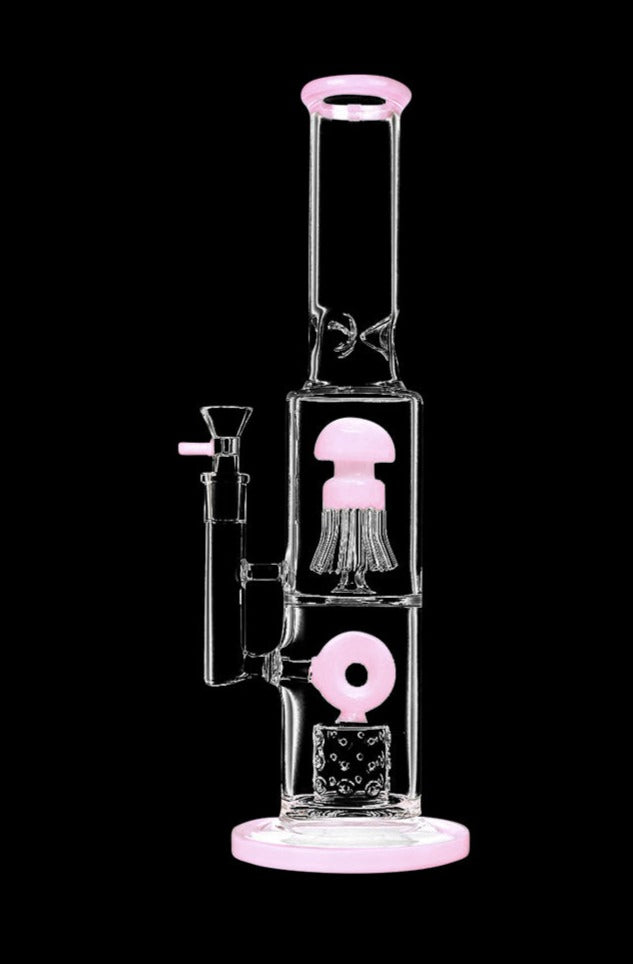 Front view of the Dual Chamber Jellyfish Perc Water Pipe, showcasing its clear glass construction and unique jellyfish-shaped perc chamber.