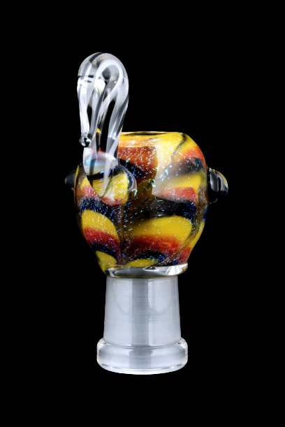 Front view of the Empire Glassworks Female Bowl - Vibrant Garden, showcasing a colorful, rounded glass piece with a joint connection.