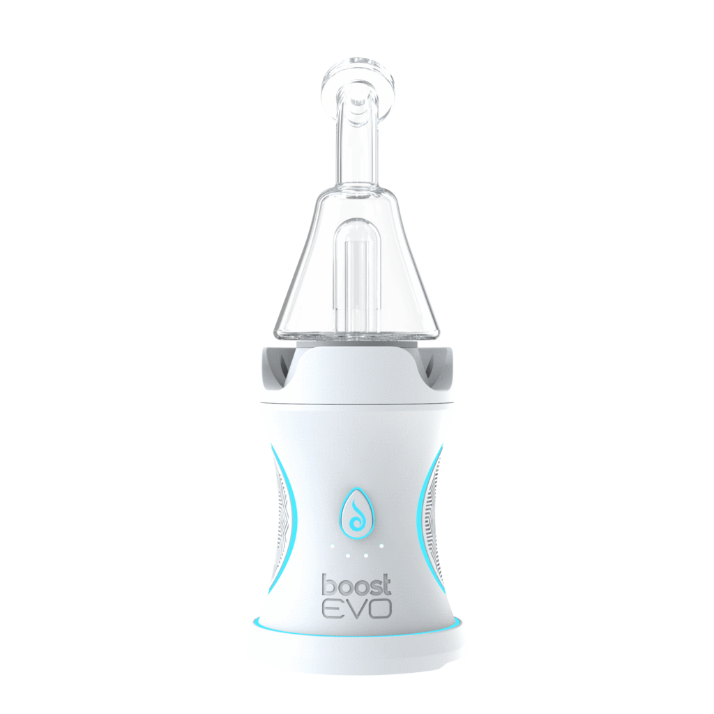 Center-front view of the white Dr. Dabber Boost EVO with a clear glass top piece and subtle blue LED accents on a black background