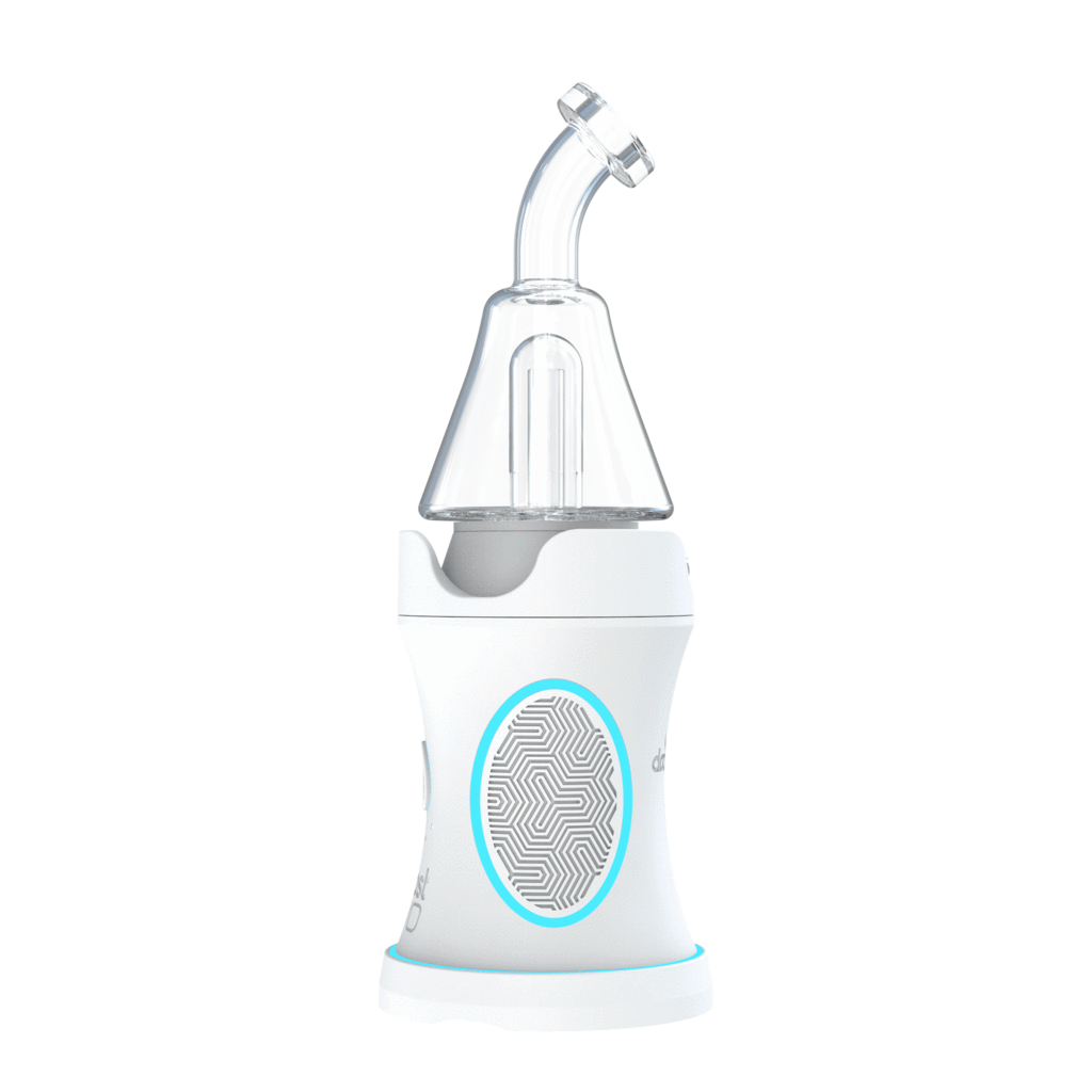 Front view of the white Dr. Dabber Boost EVO with its clear angled glass mouthpiece and subtle blue LED ring on a black background