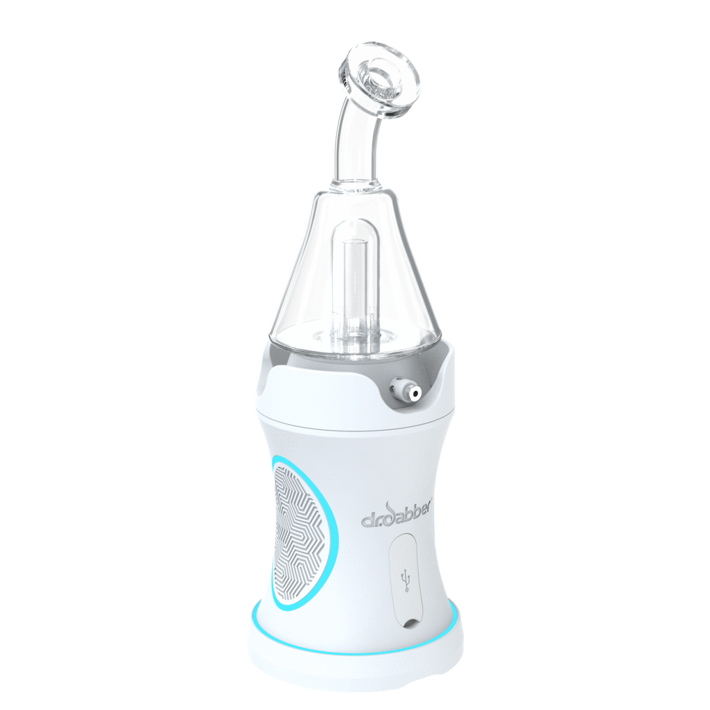 Angled front view of the white Dr. Dabber Boost EVO with a clear glass toppiece and soft studio lighting on black.