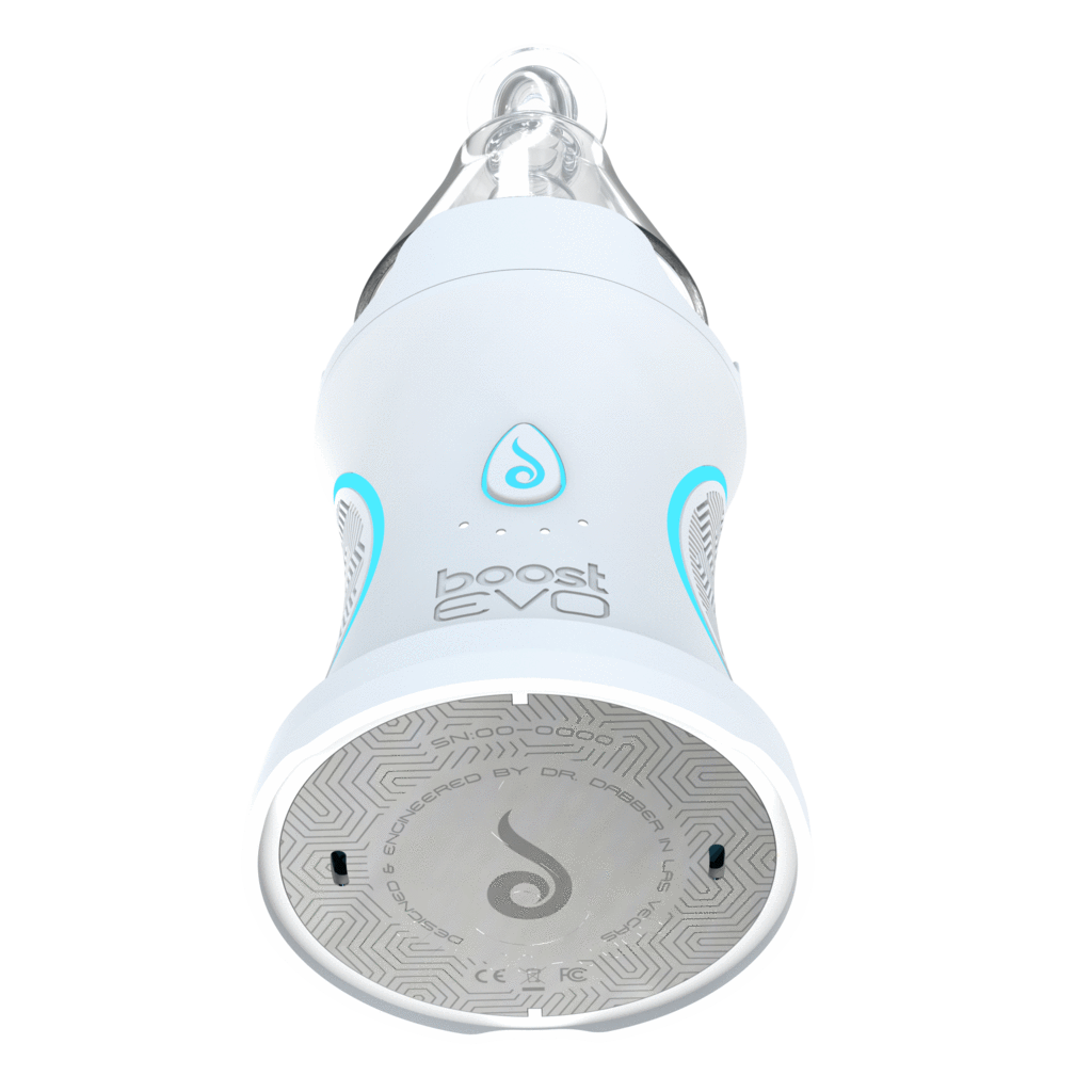 Bottom-up view of the white Dr. Dabber Boost EVO showing its circular patterned base, teardrop logo, and blue-accented side grips