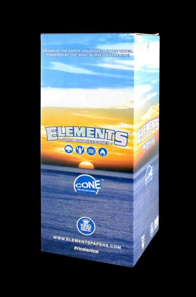 Front view of the Elements Kingsize Rice Pre-Rolled Cones packaging, featuring bold text on a white background.