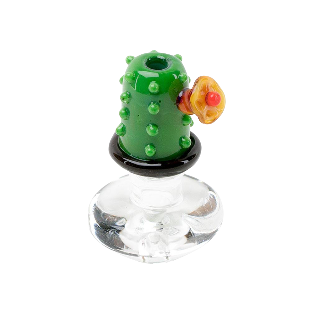A close-up, angled view of the Empire Glassworks "Barrel Cactus" Carb Cap, showcasing its green, textured design.