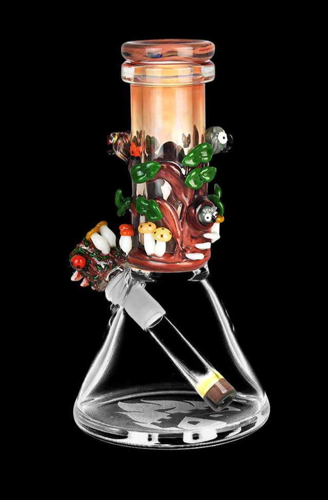 Front view of the Empire Glassworks Renew the Redwood beaker bong, showcasing a detailed redwood forest design on clear glass.