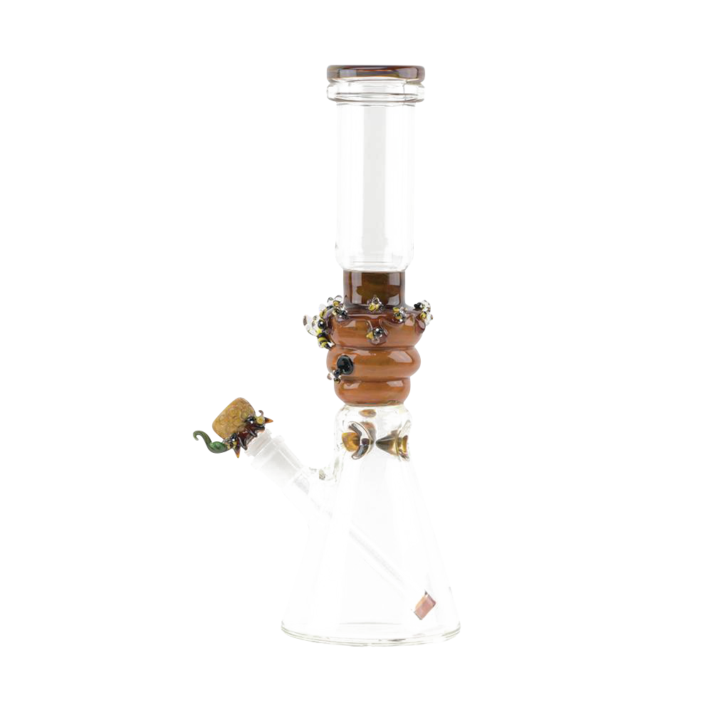 Front view of the Empire Glassworks Beaker Water Pipe - Save the Bees, showcasing a clear glass beaker with bee-themed accents.