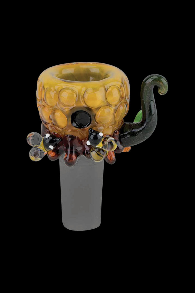 Close-up front view of the Empire Glassworks Bowl Piece - Beehive showing a honey-colored textured bowl with black and green glass accents.