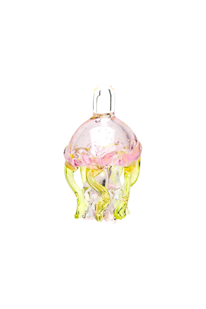 A close-up shot of the Empire Glassworks UV Jellyfish Carb Cap, showcasing its translucent, jellyfish-like form.