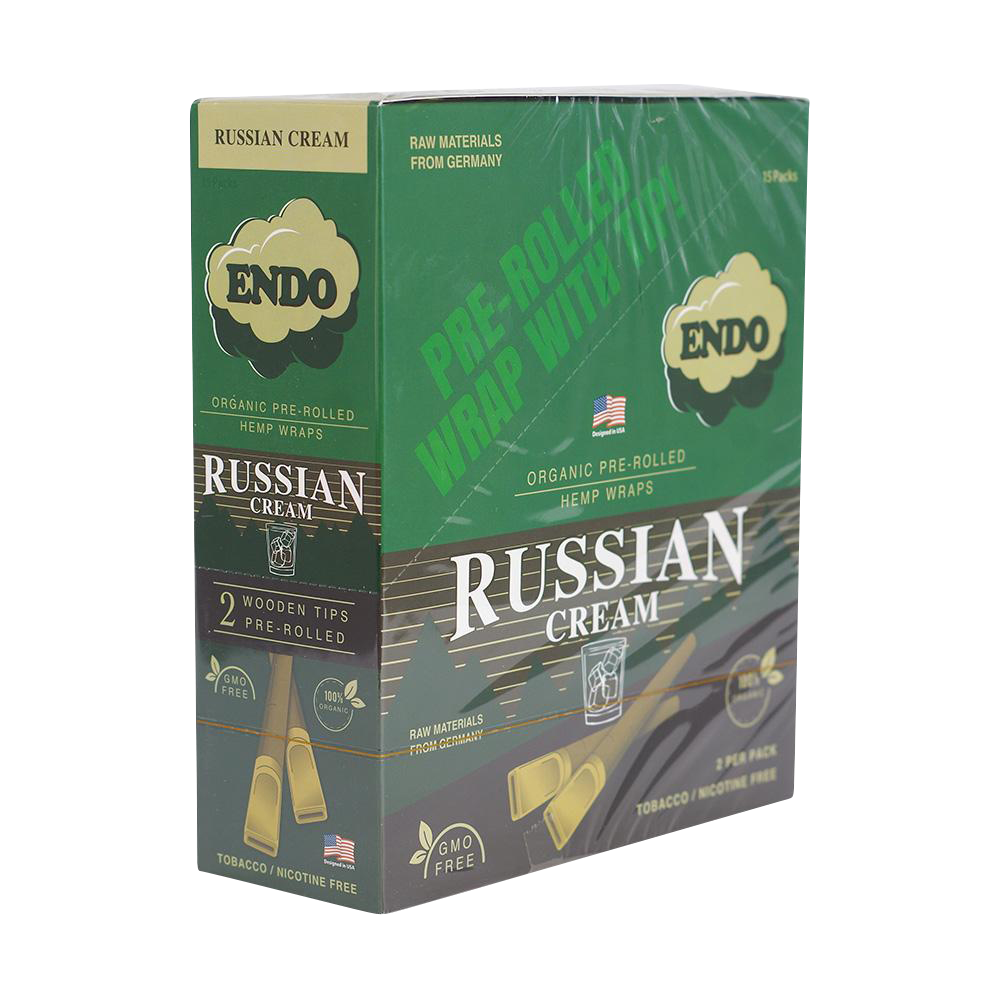 Three-quarter view of the green box of Endo Pre-Rolled Hemp Wraps - 15 Pack labeled "Russian Cream" with glossy shrink wrap.
