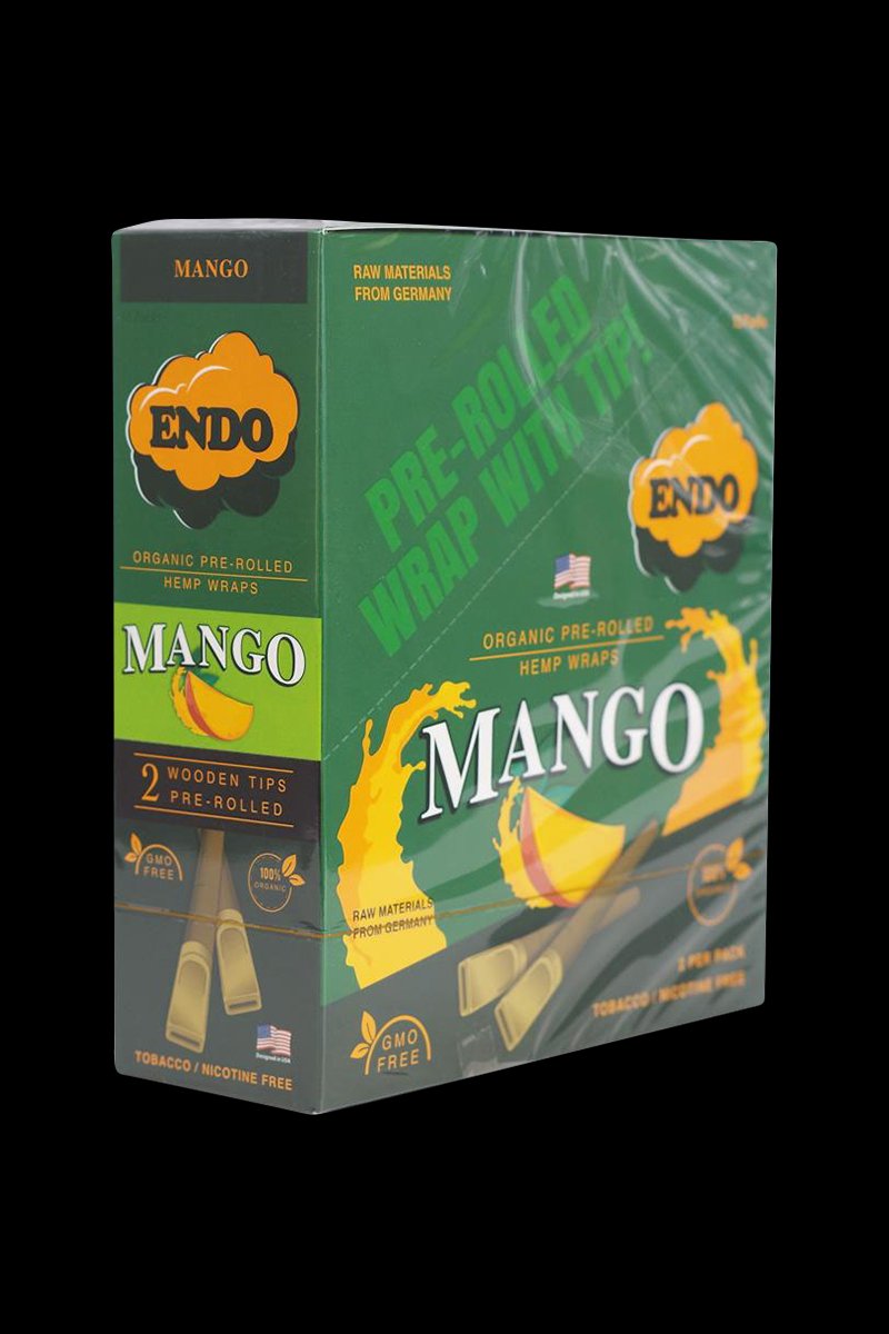 Angled three-quarter view of the green Endo Pre-Rolled Hemp Wraps - 15 Pack 5.00% Off Auto renew box showing mango graphics, wooden tips, and glossy shrink-wrap.