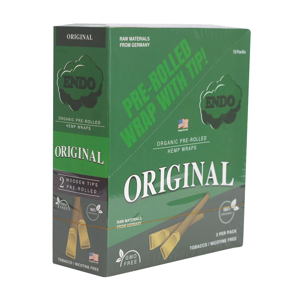 Three-quarter front view of the Endo Pre-Rolled Hemp Wraps - 15 Pack 5.00% Off Auto renew green box showing "Original" branding.