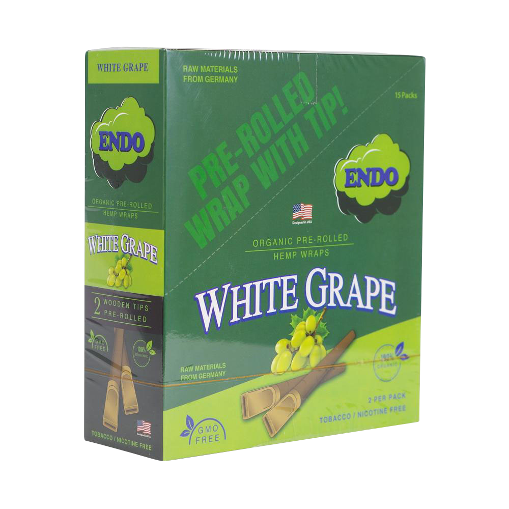 Angled front view of the Endo Pre-Rolled Hemp Wraps - 15 Pack box with green "White Grape" branding and grape imagery.