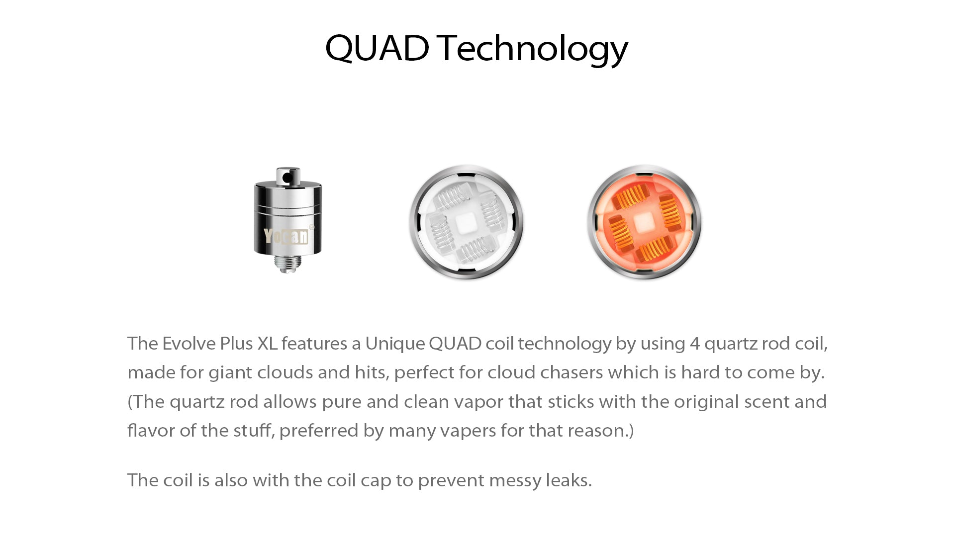 Centered studio shot showing the Yocan Evolve Plus XL Vaporizer coil assembly and two top-down views of its quad-coil head on a white background
