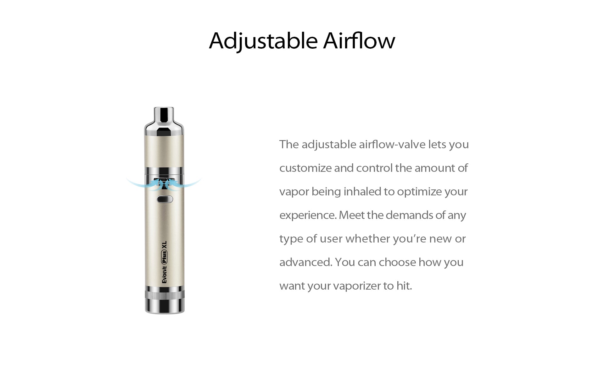 Left-side profile of a champagne-colored Yocan Evolve Plus XL Vaporizer standing vertically with soft blue airflow graphics and explanatory text on a white background