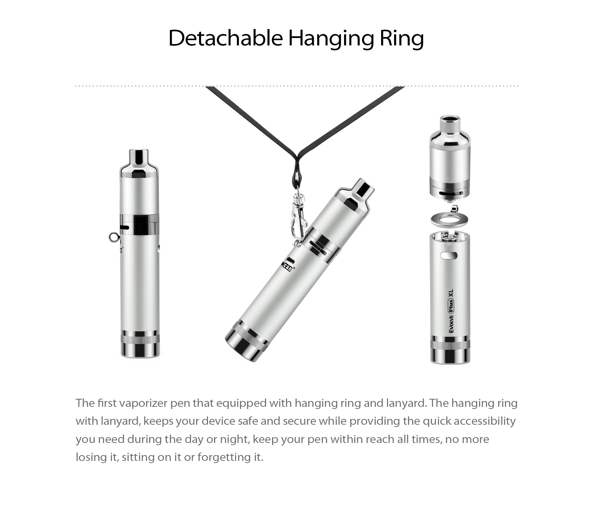 Angled close-up of a silver Yocan Evolve Plus XL Vaporizer hanging from a black lanyard with disassembled parts shown alongside.