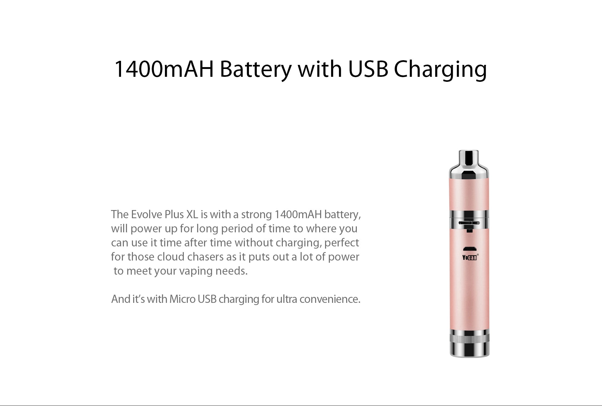 Right-side crop of a rose gold Yocan Evolve Plus XL vaporizer against a white background showing its metal tip.