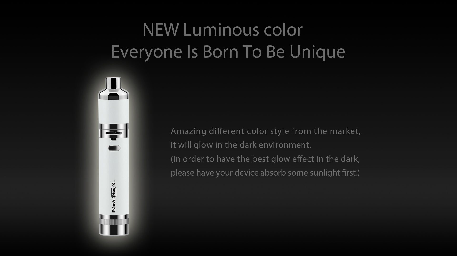Left-side close-up of a white Yocan Evolve Plus XL Vaporizer standing vertically against a dark gradient background with soft halo lighting.