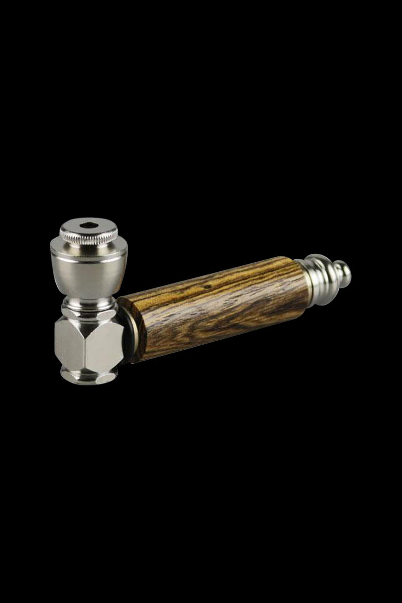 A side view of the Exotic Wood & Stainless Steel Hand Pipe, showcasing its dark wood grain and metallic accents.