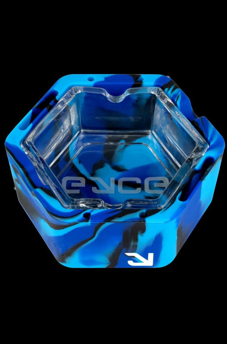 Blue and white patterned silicone ashtray with “enco” branding.