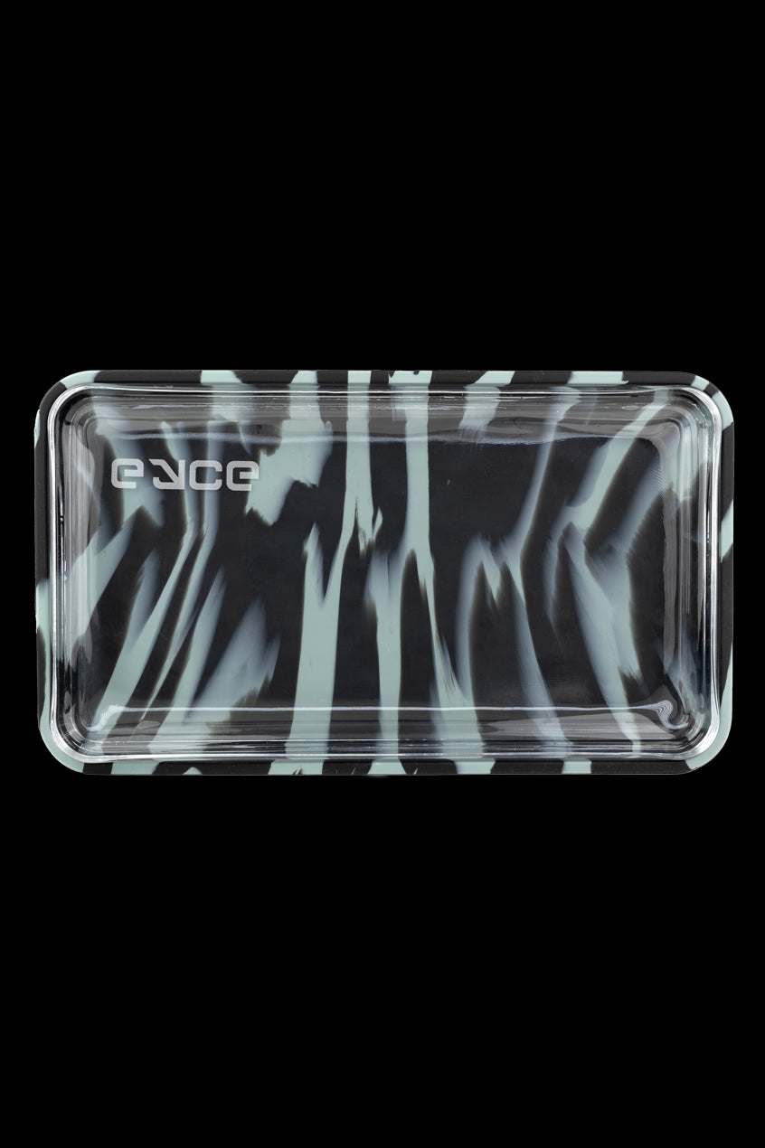 Clear acrylic rolling tray with a marbled white and teal pattern, branded with "ence".
