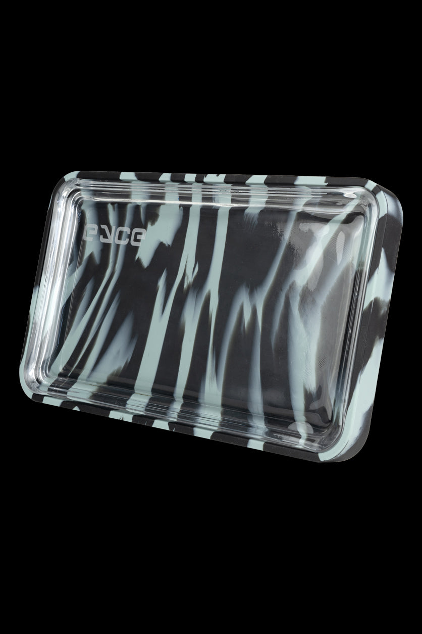 Clear rolling tray with a black and white marbled design.