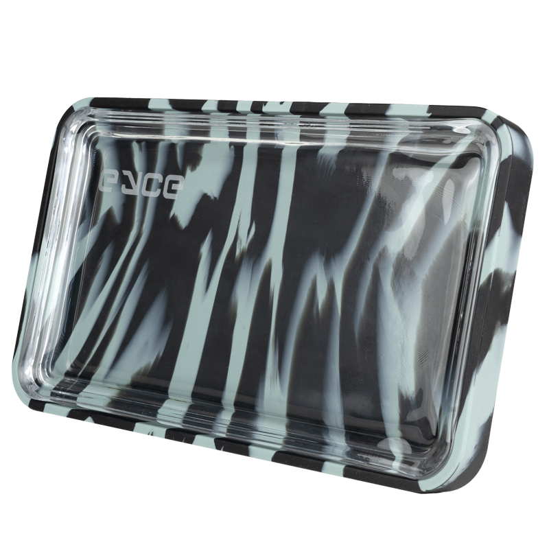 A slightly angled overhead view of the EYCE Silicone and Glass Rolling Tray, displaying a sleek, dark surface.