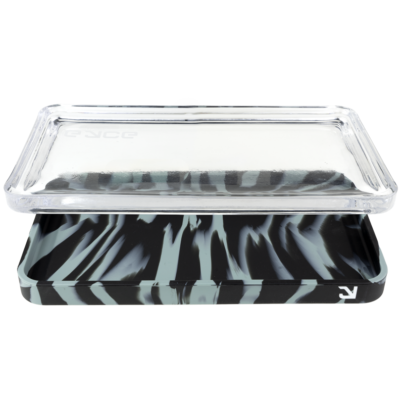 A top-down view of the EYCE Silicone and Glass Rolling Tray, featuring a rectangular shape and dark surface.